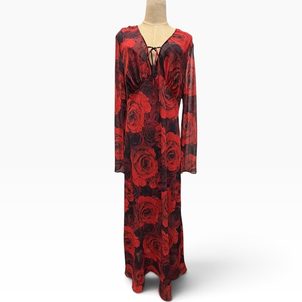 Red Rose Floral Mesh Maxi Dress Long Sleeve Tie Front 12 NWT Goth Dark Romance